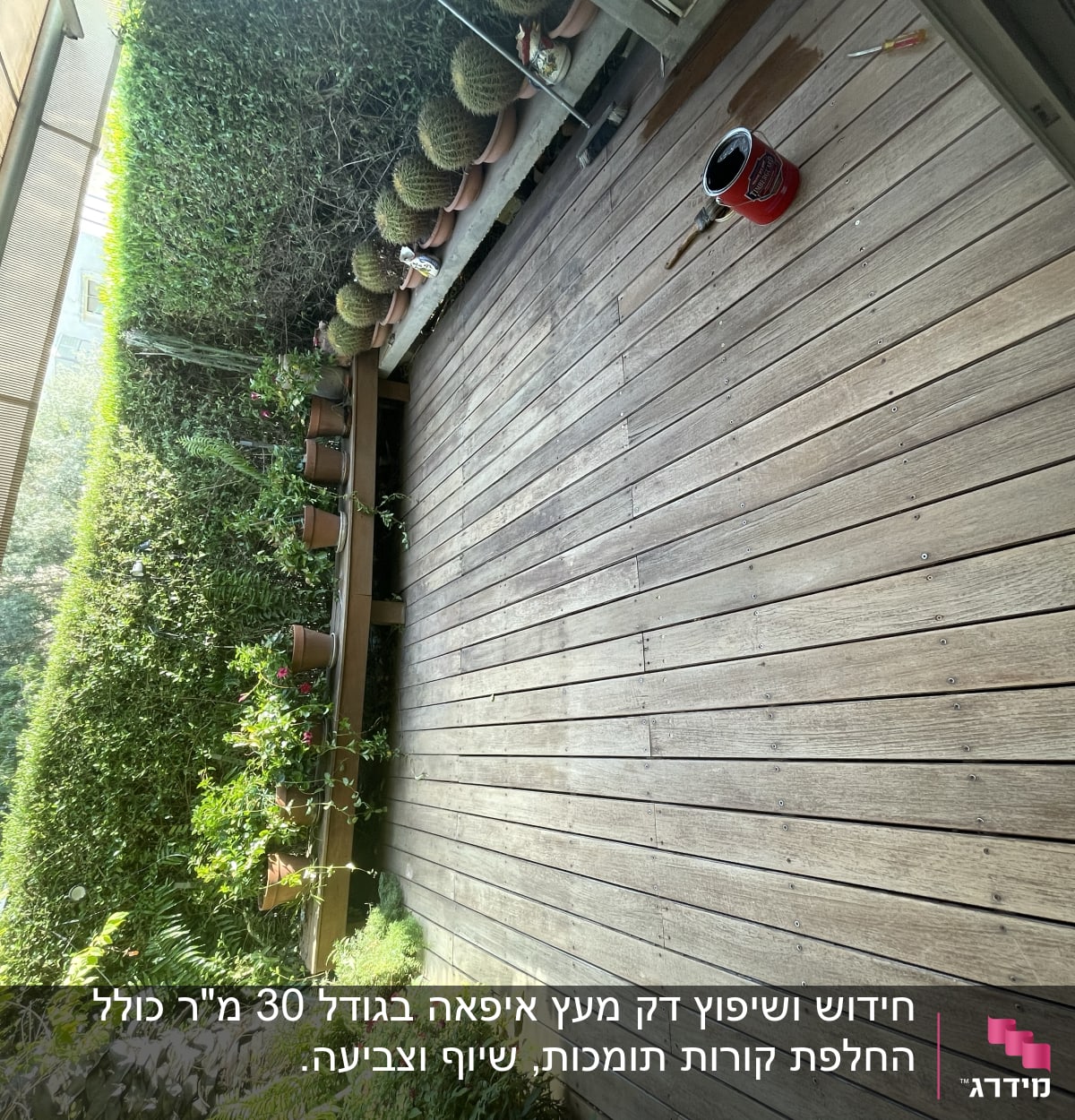 מרפסת עץ עם עציצים וכלי עבודה לצביעה